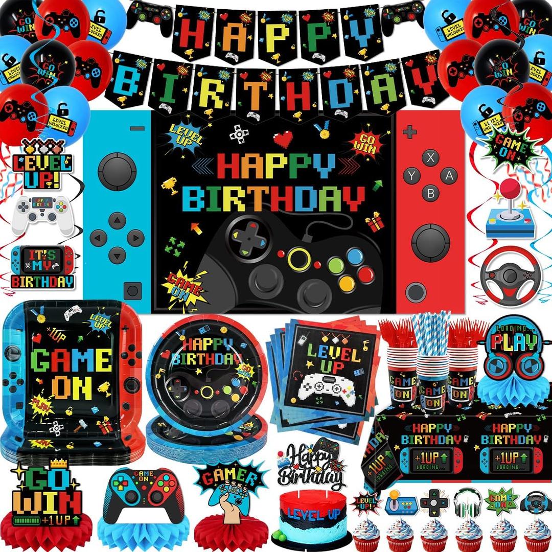 Gamer Birthday Party Decorations 206PCS Video Game Birthday Decorations with Game On Plates LEVEL UP Tablecloth Cups Napkins Go Win Backdrop Banner Balloons Hanging Swirls for Teenager,Serve 25