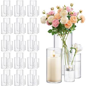 Homjoy 64 Pack Thick Glass Cylinder Vases 4,6,9,12 Inch Tall Clear Flower Vase Hurricane Floating Candle Holder for Table Centerpiece Wedding Home Decor