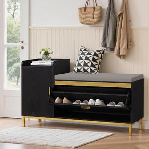 VECELO 2-Tier Shoe Storage Bench with Flip Drawers, Entryway Shoe Organizer Bench with Removable Seat Cushion & Adjustable Shelf for Entryway, Hallway, Living Room, Black