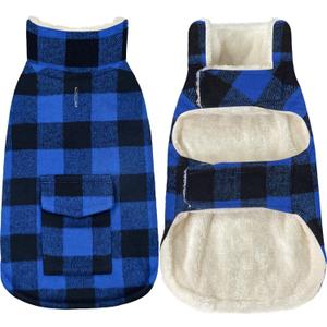 Malier Classic Plaid Fleece Dog Coat - Warm Winter Jacket with Pocket, Windproof, Blue, X-Large