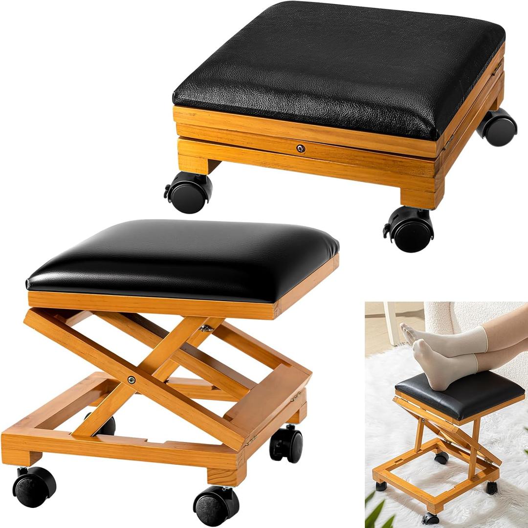 CroBlissful 2 Pack Rolling Adjustable Foot Rest Foldable Under Desk Ottoman with Wheels Leather Foldaway Guitar Foot Stool for Home Office Living Room Bedroom