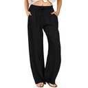 FireSwan Womens Palazzo Pants Casual Drawstring Flowy Pants Wide Leg Summer Beach Linen Trousers with Pockets Black Large