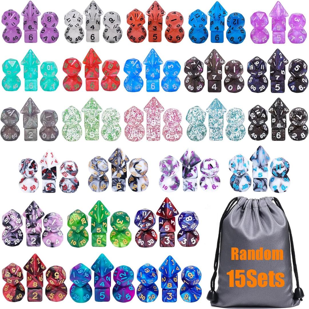 15 Sets Random Multi Colored Assortment Polyhedral RPG Dice (105pcs),Surprise Mystery Mini Dice Set,10mm Mini DND Dice Set for MTG,RPG,D&D Dungeons and Dragons Role Playing Game