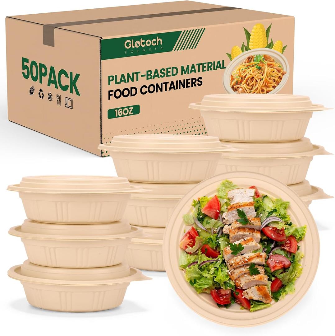 100 Piece (50 Pack) Meal Prep Bowl Containers with Lids, Cornstarch Round Food Containers for Lunch Salad Deli Soup, BPA Free Plant-based Take Out Containers Microwave & Freezer Safe, 16 oz