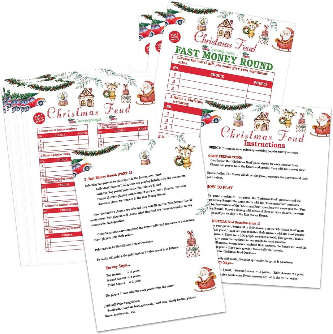 2 x Christmas Friendly Feud Game, Christmas Trivia Quiz, Family Feud Baby Shower Game, Christmas Party Game for Family Activity Favors-30 Christmas Feud Cards & 3 Fast Money Round Cards-05