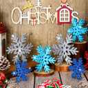 Bucherry 12 Pcs Glitter Snowflake Decorations 3D Winter Wooden Snowflake Tabletop Decor Sparkle Christmas Signs and Centerpiece for Xmas Winter Wonderland Decorations(Silver, Dark Blue, Light Blue)