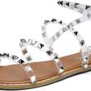 katliu Women's Flat Sandals Strappy Studded Sandals Gladiator Sandals with Ankle Strap (8.5, Clear)