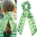 St. Patrick's Day Bow Hair Scrunchies,Green Shamrock Ribbon Silky Satin Scrunchies for Women,Cute Clover Bow Hair Ties,Ponytail Holder for St. Patrick's Day,Parade Party Hair Accessories