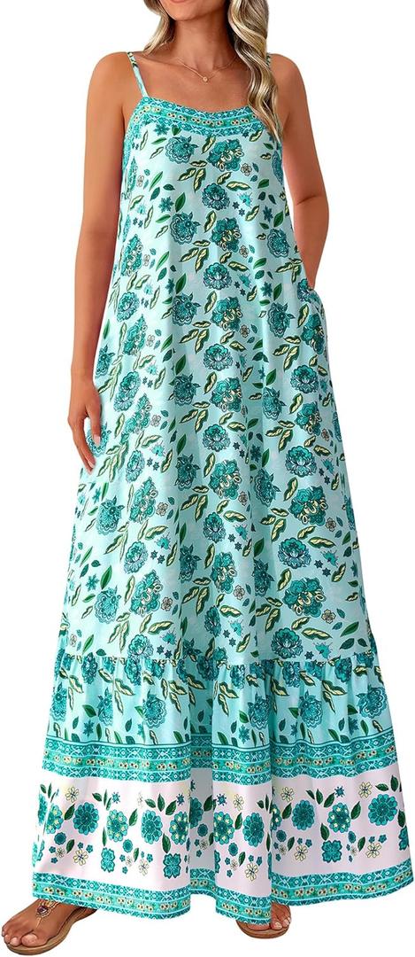 BTFBM Casual Women Summer Maxi Dresses 2026 Loose Sleeveless Sundress Spaghetti Strap Boho Long Dress Vacation (L)