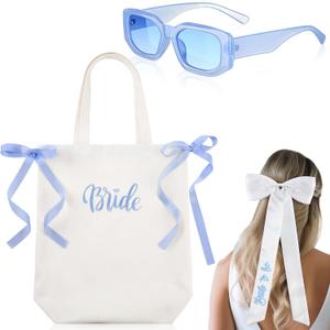 3 Pcs Blue Bride Gift Set White Canvas Tote Bag with Bow Bride to Be Hair Bow Something Blue Bridal Shower Favor Accessories for Wedding Bridesmaid Bachelorette Party Supply