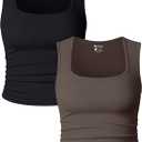 OQQ Womens 2 Piece Crop Tops Rueched Sleeveless Square Neck Stretch Basic Tank Shirts (Medium, Black,tea Leaf)