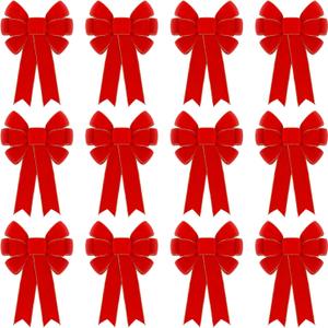 12 Pcs Red Velvet Bows for Christmas Tree Decorations, 9" X 14" Outdoor Christmas Bows Tree Topper Ornaments with Glitter Gold Edge for Wreaths Fireplace Home Party Door Xmas Holiday Decor