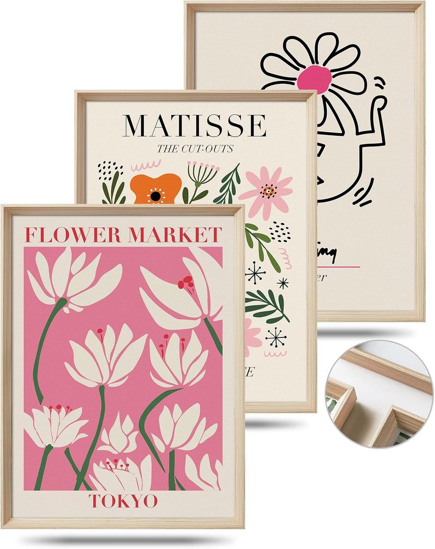 UPWOIGH 12x16 in Framed Wall Art, Abstract Henri Matisse Pink Flower Market Canvas Print, Minimalist Wood Wall Decor for Living Room and Bedroom, Set of 3, Gift