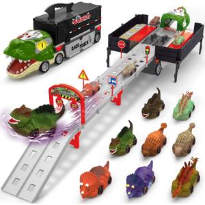 Gloween Dinosaur Toys for Kids 3-5, Dinosaur Truck with 8 Small Dinosaur Cars, Birthday Gifts Toys for 3 4 5+ Year Old Boy, Transport Carrier Truck for Toddlers, Great for Grandkids