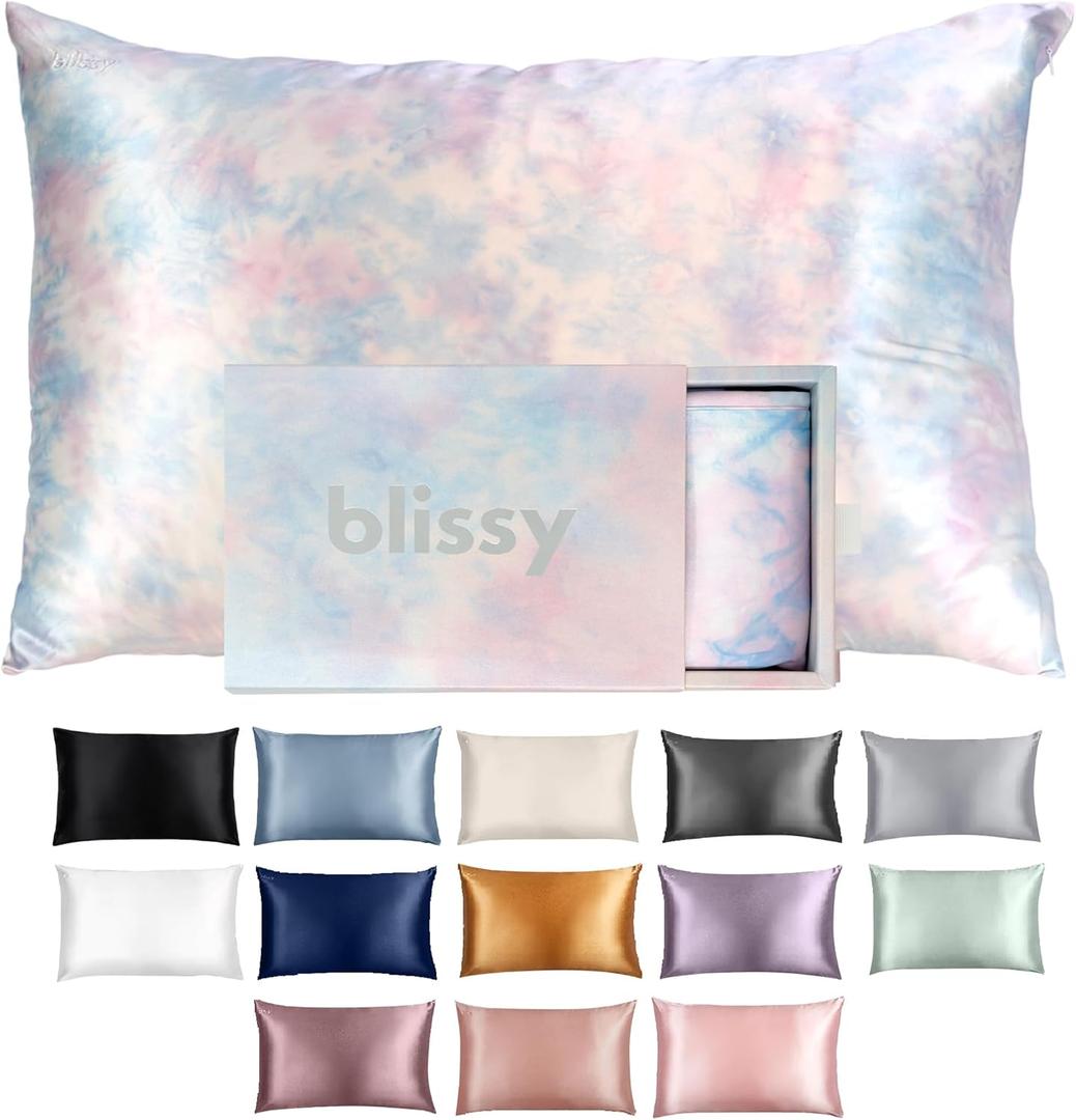 Blissy Silk Pillowcase - 100% Pure Mulberry Silk - 22 Momme 6A High-Grade Fibers - Silk Pillow Cover for Hair & Skin - Regular, Queen & King with Hidden Zipper (Standard, Tie Dye)