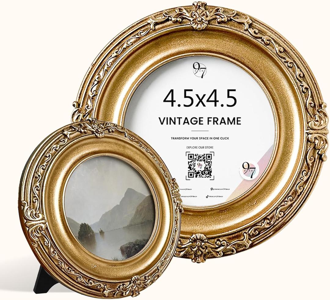 97 Decor Gold Vintage Picture Frame 4.5x4.5 - Antique Gold Picture Frame For Tabletop And Wall Hanging, Golden Round Frames 4.5x4.5, Rustic Decorative Ornate Frames 4.5 x 4.5 For Home Bedroom Decor