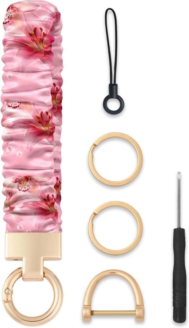 Seorsok Keychain Wristlet,Cute Big Lily Flowers Scrunchie Wrist Bracelet for Women and Men,Stretchy Key Chain for Car Keys with D Ring,Key Chain Wristlet Suitable for Gym,Shopping & Trave,Pink