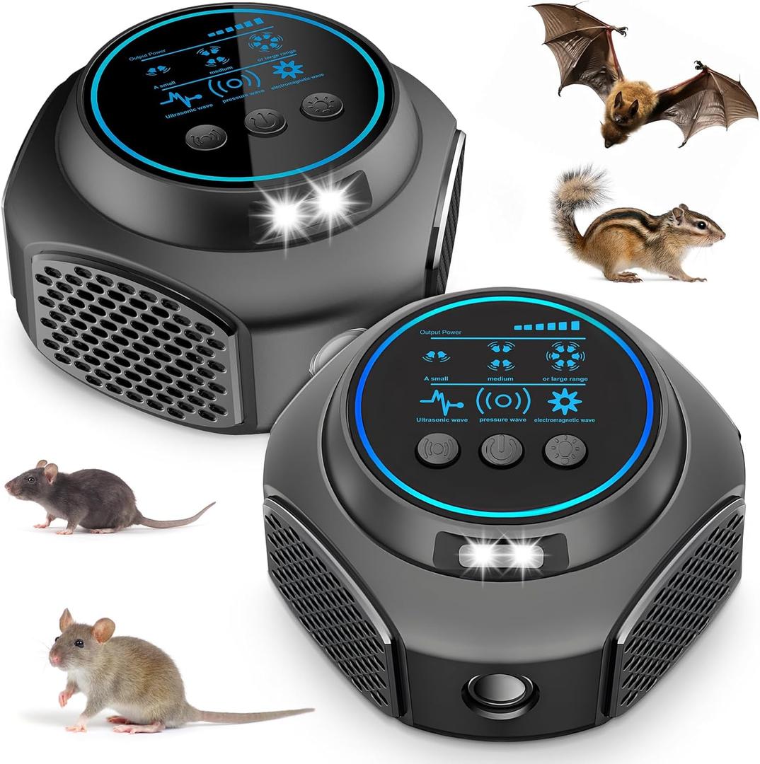 2 Pack Ultrasonic Mouse Repellent Plug-in 3-in-1 Intelligent Frequency Control - Professional Mice, Rat, Bat, Squirrel & Rodent Deterrent for House, Garage, Basement & Attic - Covers Up to 4000 sq.ft