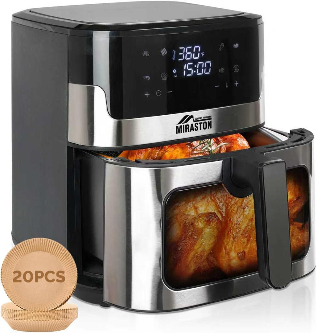 8.5Qt Air Fryer, upgraded large capacity suitable for 5-6 people, Smart touch screen for easy operation with 8 preset functions, non-stick coating for easy cleaning, 304 Stainless Steel