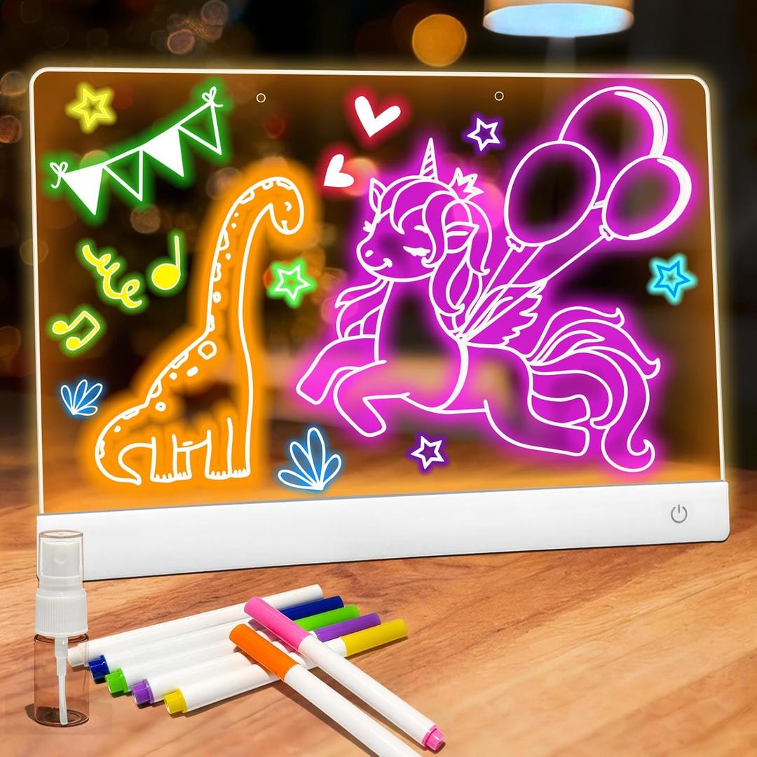 Rechargeable LED Drawing Board for Kids  11 Colors Light Up Drawing Board for Notes & Doodles, Easy Clean, Anti-Scratch Acrylic Panel, Birthday & Holiday Gift for Ages 310 (White)