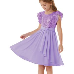 GRACE KARIN Girls Sequin Party Dress Birthday Prom Formal Fancy Midi Dress, Purple, 12Y (Purple)
