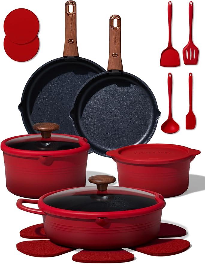 CAROTE 20pcs Titanium Cookware Set, Pots and Pans Set Detachable Handle | Non-Stick, Non-Toxic, Induction Compatible, Dishwasher & Oven Safe, Space Saving, Camping Cooking, Red
