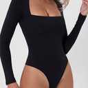 QINSEN Women's Sexy Square Neck Bodysuit Long Sleeve Double Lined Shirt Tops S