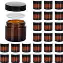 2oz Jars with Lids, Hoa Kinh 24 Pack Amber Glass Jars with Lids Empty Cosmetic Containers Round Airtight Glass Jar with Inner Liners and black Lid for Storing Lotions, Powders, and Ointments
