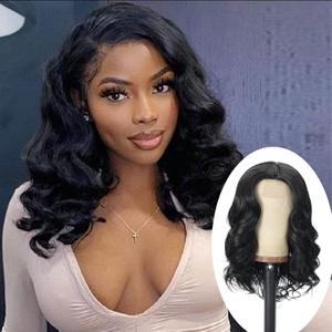 16" Short Body Wave Synthetic Wig Side Part Bob Wavy Lace 180% Density Ocean Wave Wig for Black Women