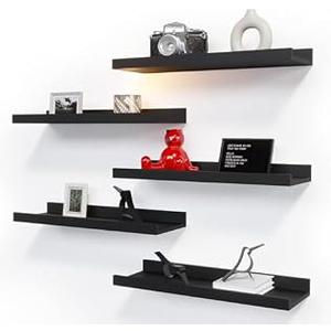 RICHER HOUSE 5 Set White Floating Shelves, Wall Mounted Shelves for Wall Decor, Modern Picture Ledge Shelf with Lip for Storage Nursery, Bedroom, Living Room, Bathroom - Black