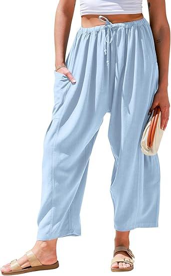  Womens Linen Wide Leg Pants Casual Loose Drawstring Summer Beach Travel Vacation Palazzo Harem Pants with Pockets, Light Blue Small