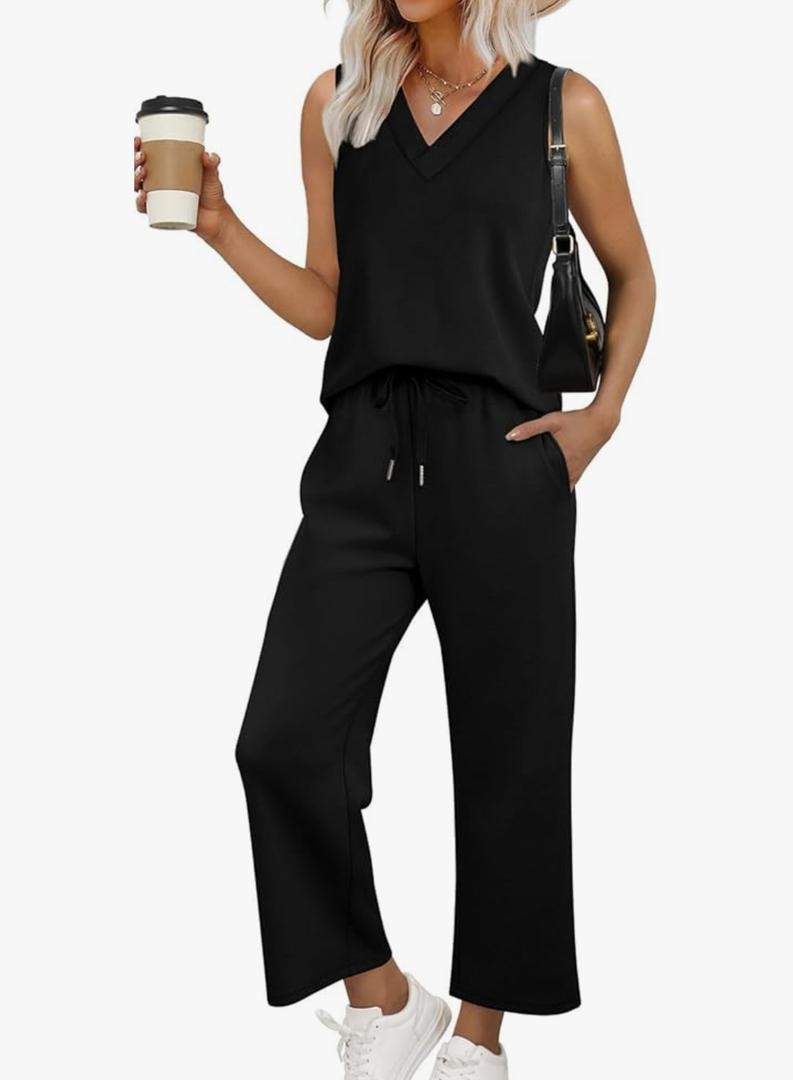 WIHOLL Two Piece Sets for Women Summer Outfits Matching Lounge Sets Wide Leg Crop Pants Vacation Travel