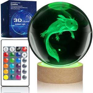 3D Axolotl Crystal Ball Night Light with 16 Color LED Wooden Base with Remote Control3.15 Inch Axolotl Glass BallCool Desk Decor Gifts for Kids Girls Boys Friends Fans (Axolotl)