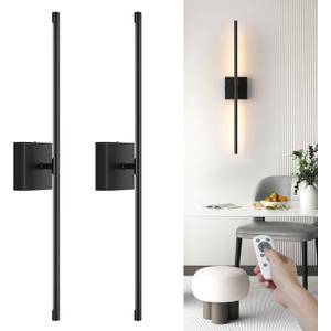 VOLISUN Battery Operated Wall Sconce Set of Two, Black Rechargeable Wall Lights with Remote Control, 3000K-6500K Dimmable Wall Lamp, 27.6 Inch LED Wireless Wall Lights for Bedroom, Living Room,Hallway