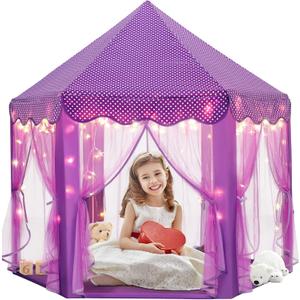 Purple Princess Castle Tent for Girls with Fairy Star Lights Play Tents for Kids Hexagon Playhouse Fairy Toys for Children or Toddlers Indoor or Outdoor Games, Purple