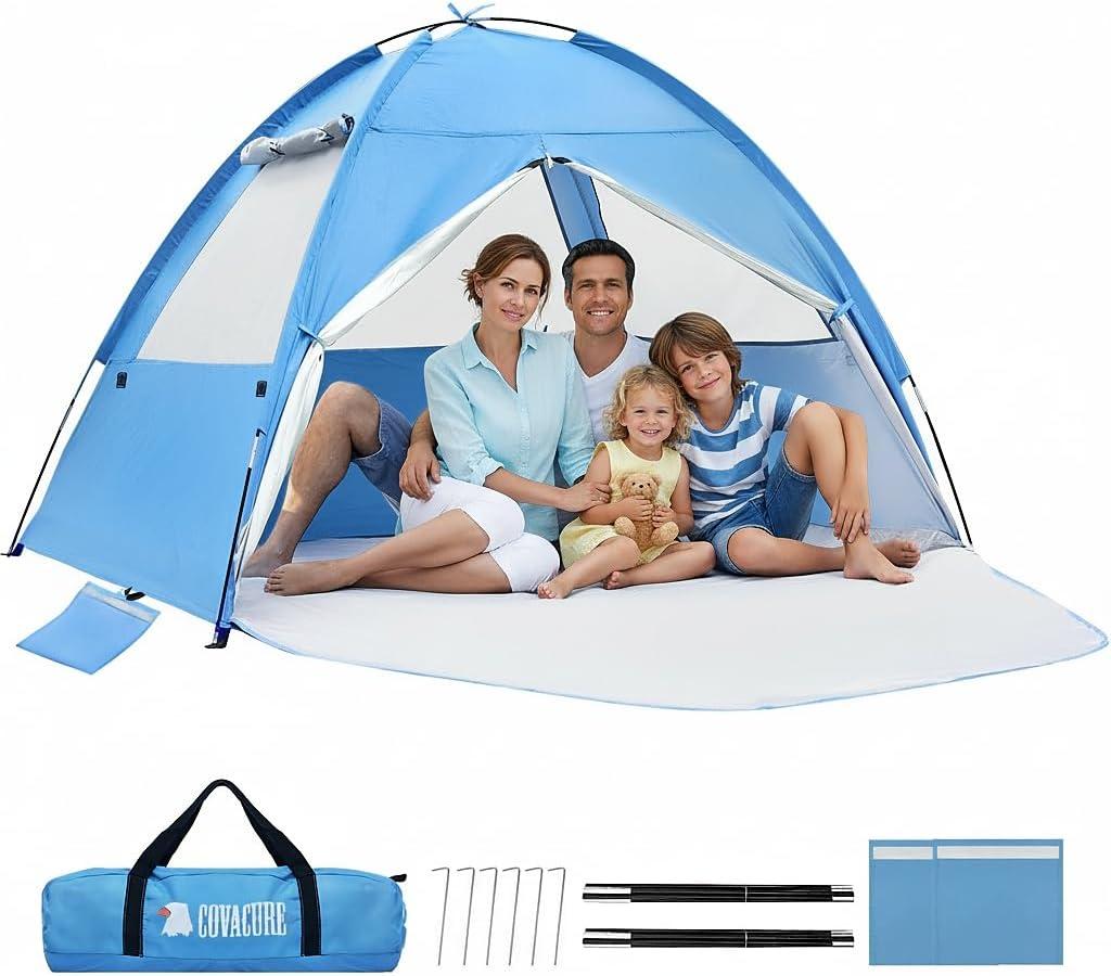 COVACURE 2026 New Upgraded Beach Tent Sun Shelter for 3-4 Person - UPF 50+ UV Protection Beach Shade, Waterproof & Lightweight, Easy Setup Portable Sun Canopy for Camping, Fishing, Beach(Blue)
