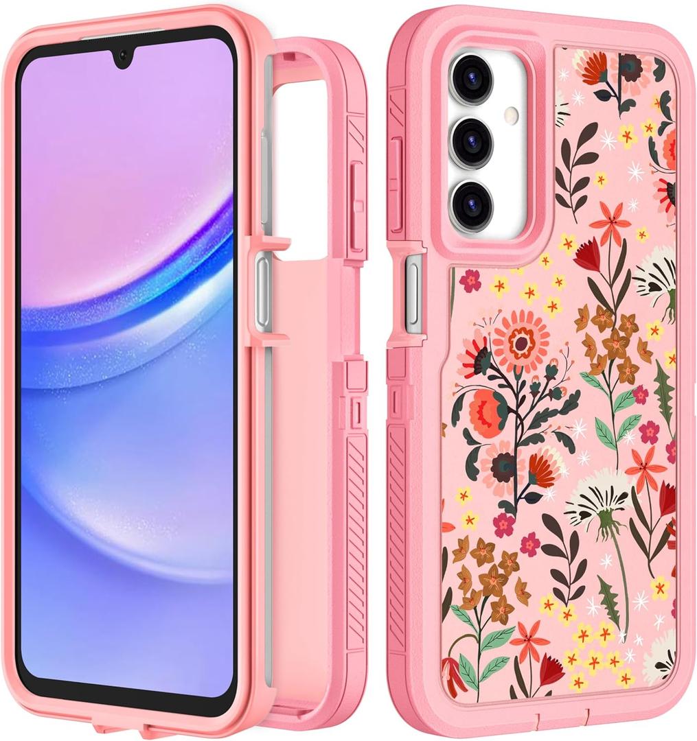 for Samsung Galaxy A15 5G Phone Case - Women Girls Cute Cover Girly Aesthetic Kawaii Unique Design Teens Floral Flowers Heavy Duty Shockproof Protective Case for Galaxy A15 5G 6.5 Inch