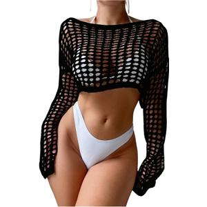 Floerns Women's Crochet Hollow Out Knit Beach Coverups Shrug Long Sleeve Bathing Suit (M)
