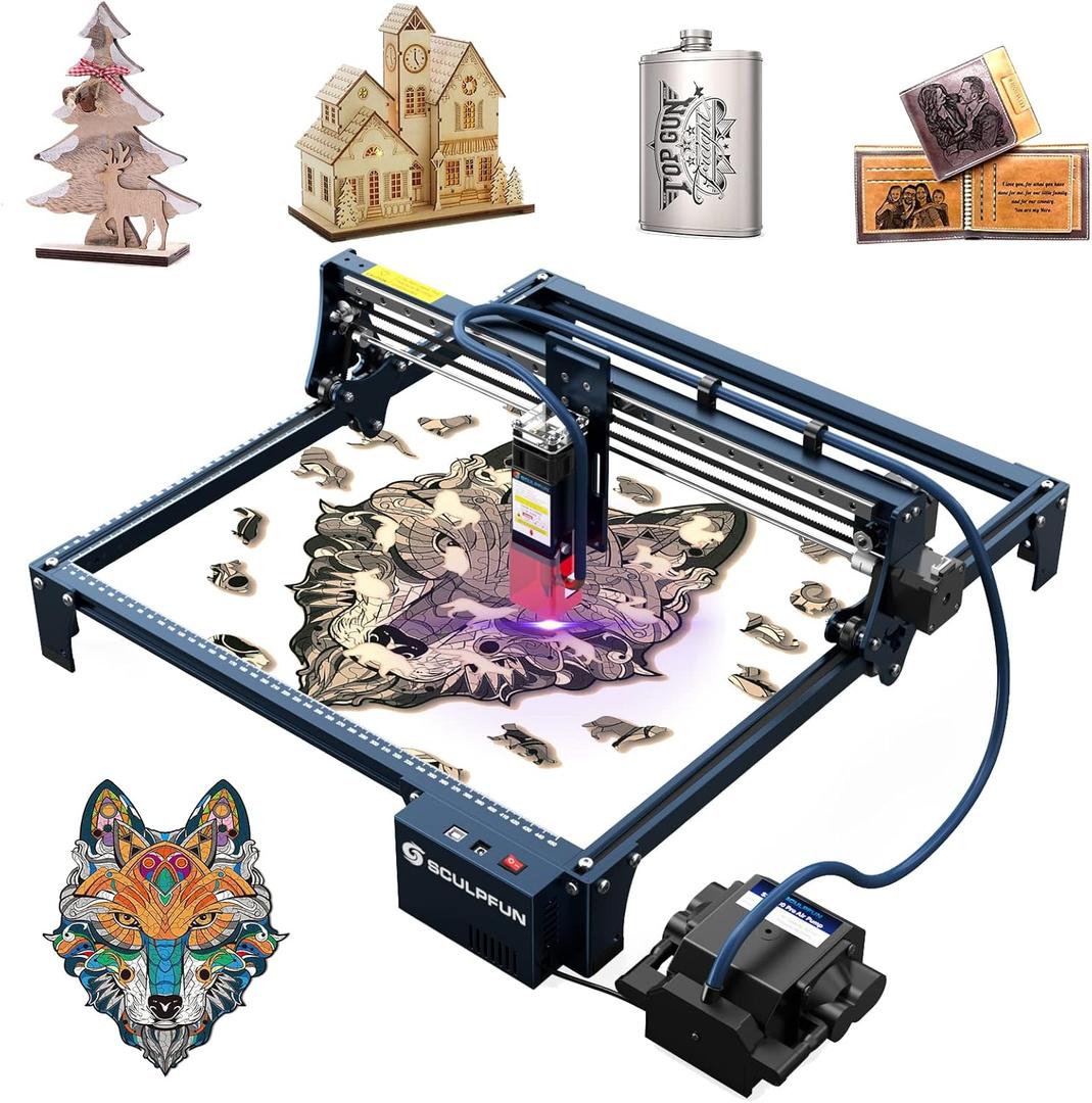SCULPFUN S30 Pro Laser Engraver, 10W Laser Cutter, Automatic 30L/min Air Assist Pump,Laser Air Nozzle,Industrial Rail Linear Rail,Limit Switch,Eye Protection,Repair Kit,for Wood Metal Acrylic