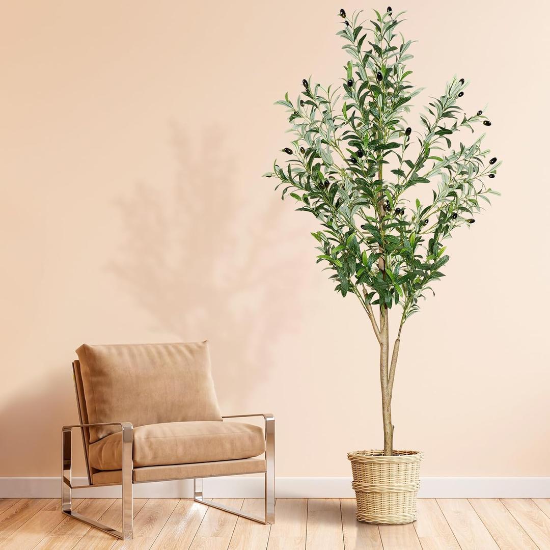 6ft Faux Olive Tree, Artificial Olive Tree Indoor, High Imitation Silk Plant Fake Olive Tree with Realistic Leaves and Fruits, Suitable for Home Living Room Office Decoration