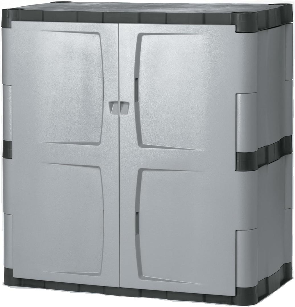 Rubbermaid Freestanding Storage Cabinet with Doors 18"D x 36"W x 37"H Medium Gray/Black Two-Shelf Lockable Cabinet for Indoor/Outdoor/Garage Storage for Garden Tools/Lawn Care Accessories