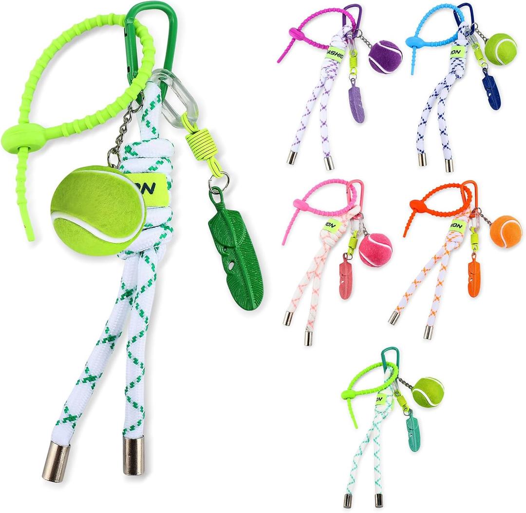 Nosiny 6 Pcs Tennis Ball Keychain Cute Tennis Racket Key Rings with Striped Lanyard 7.1in Sporty Bag Charm Backpack Pendant Gift for Men Women Sports Lover Players Team