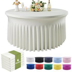 Outpain 6 Pack Spandex Ivory Round Tablecloths for 60in Tables, 120Inch Stretchy Fitted 5FT Round Table Clothes,Wrinkle Free Table Cover with Skirt for Wedding Party Dining Banquet