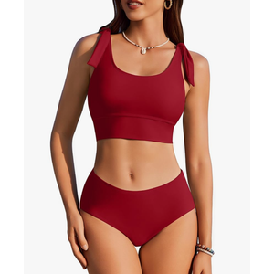 AI'MAGE Womens High Waisted Bikini Sets Scoop Neck Two Piece Swimsuits Sporty Modest Swim Bathing Suits ,Size Small , Burgundy