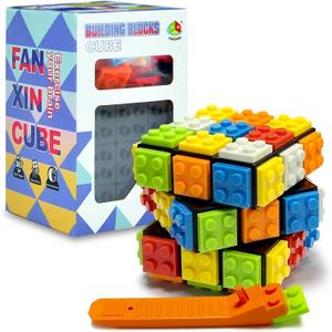 Willking Speed Cube 3x3 Build-on Brick Magic Cube 3x3x3 Brain Teaser Puzzles and Building Brick Blocks Toy for Kids AdultIncluded Brick Separator