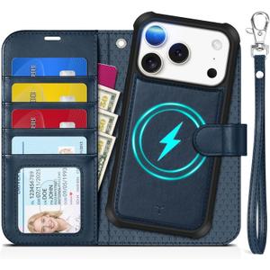 TUCCH 2-in-1 Detachable Wallet Case for iPhone 17 Pro (6.3-inch) 2025, RFID Blocking | 4 Card Holders | Wireless Charging | Wrist Strap | Kickstand | Magnetic | PU Leather Protective Cover | Dark Blue