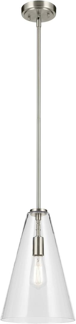 KICHLER Everly 15.25" 1-Light Cone Pendant with Clear Glass in Brushed Nickel, for Kitchen Island, Dining Nook, Bedroom, (15.25" x 10.25") 42199NI