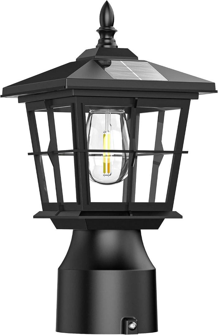 APONUO Solar Post Lights Outdoor with Edison Bulb, 3-Color Temperature, Dusk to Dawn Lamp Post Light, ABS Waterproof, 3" Round Post/Pole Light(Base not Included), 1 Pack Black