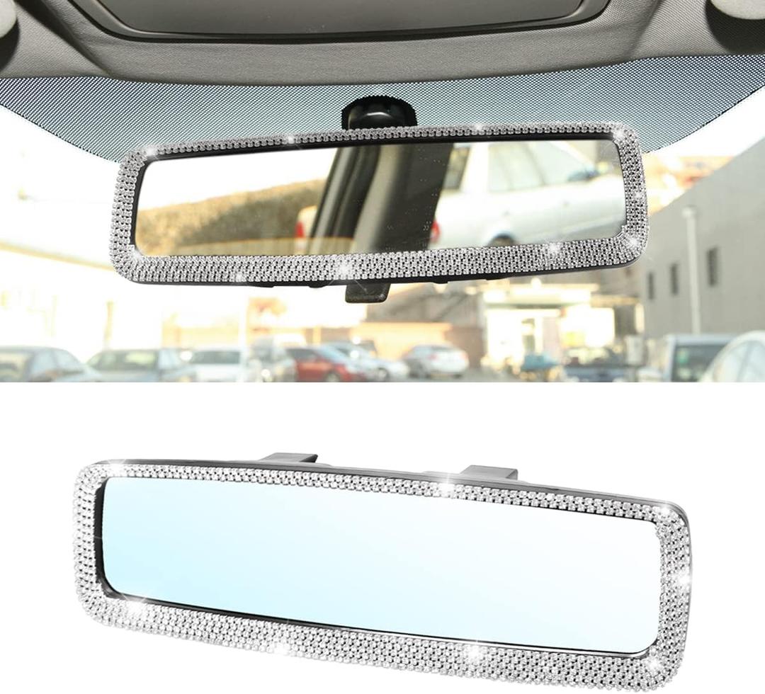 Bling Car Rear View Mirror, Rhinestones Crystal Clip-on Rearview Mirror with HD Glass, Compatible with Most Cars, SUVs, Vehicles, Auto Interior Accessories for Women Girl (White)
