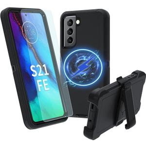for Samsung Galaxy S21 FE Case, S21 FE Heavy Duty case Magnetic, [Belt Clip Holster] [Compatible with Magsafe] [Shockproof] [Dropproof] [Dust-Proof] (with Belt Clip,MAG- Black)